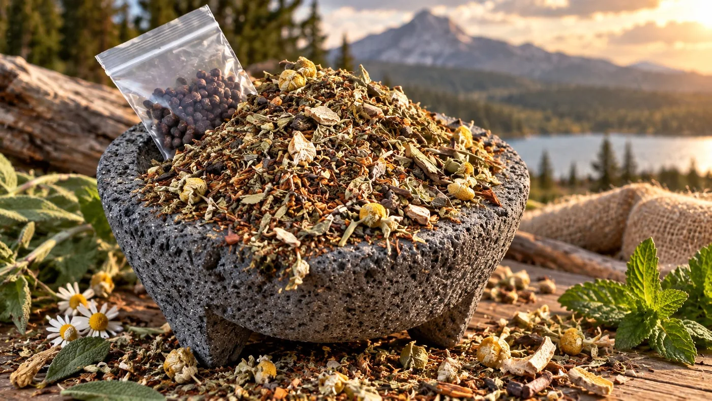 The loose blend heaped in a stone mortar, the peppercorn pack tucked in, mountains behind