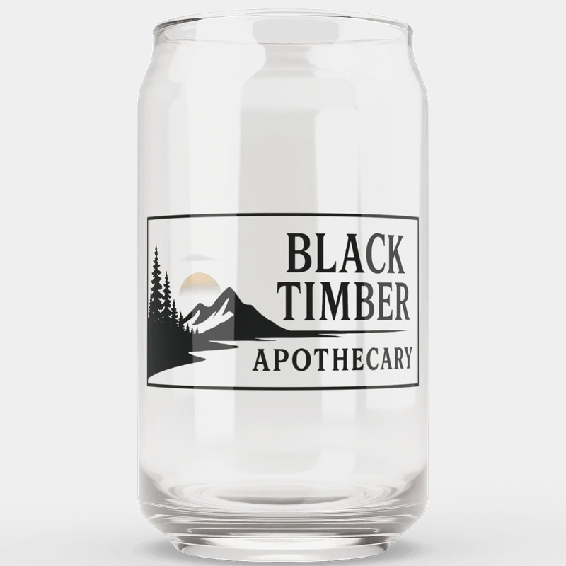 Black Timber Can Glass with the mark printed on clear glass