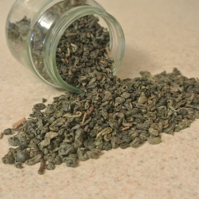 Tightly rolled pellets of gunpowder green tea