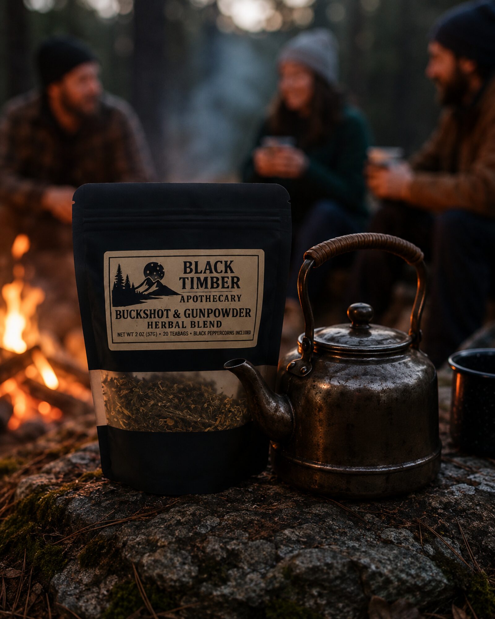 A pouch of Buckshot & Gunpowder beside a kettle at a campfire