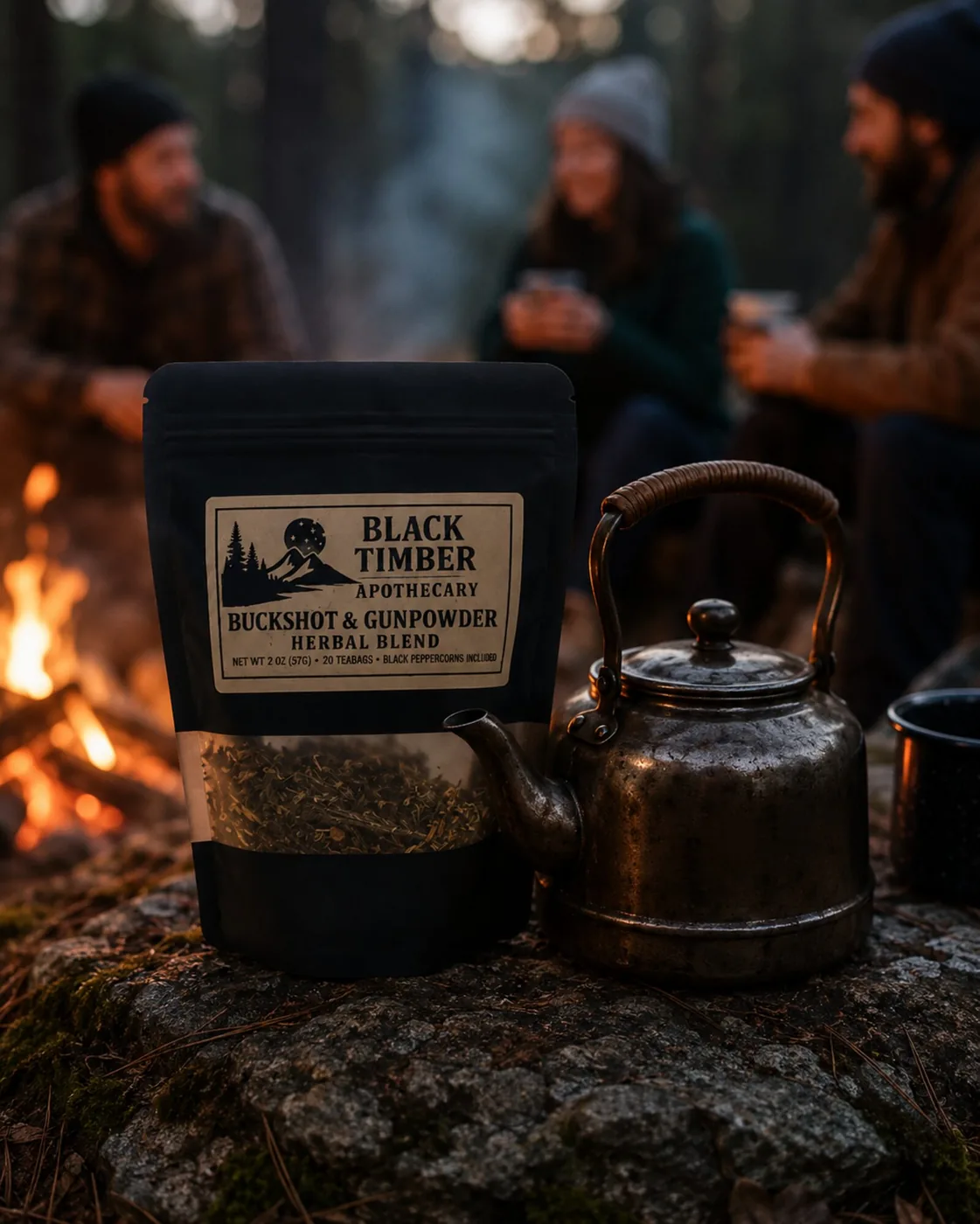 A pouch of Buckshot & Gunpowder beside a kettle at a campfire