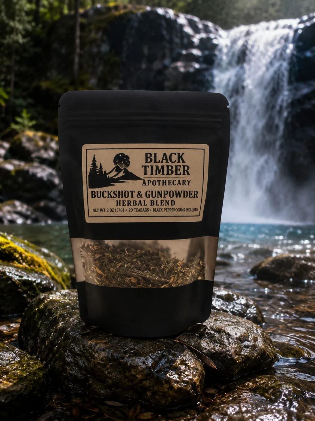 A pouch of Buckshot & Gunpowder on wet rock beside a waterfall